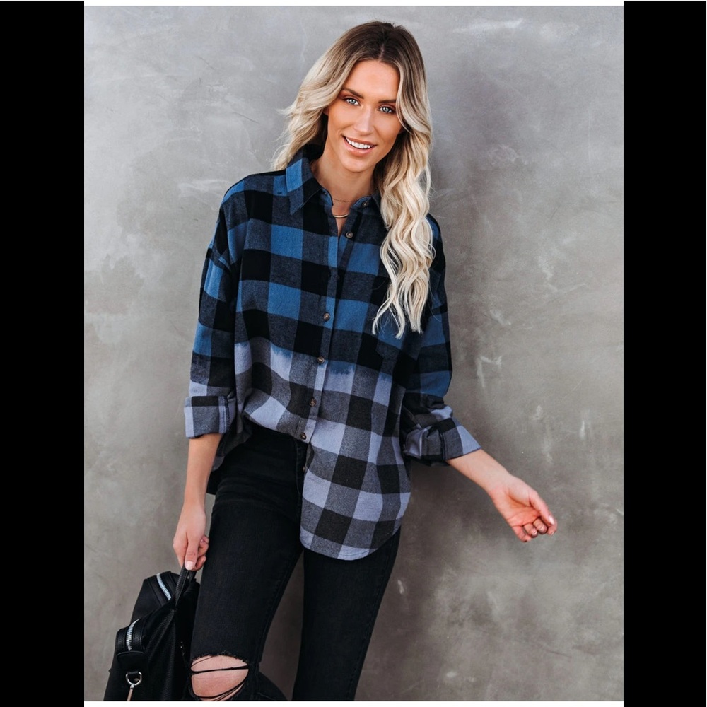 Two-Tone Cotton Plaid Button Down Top